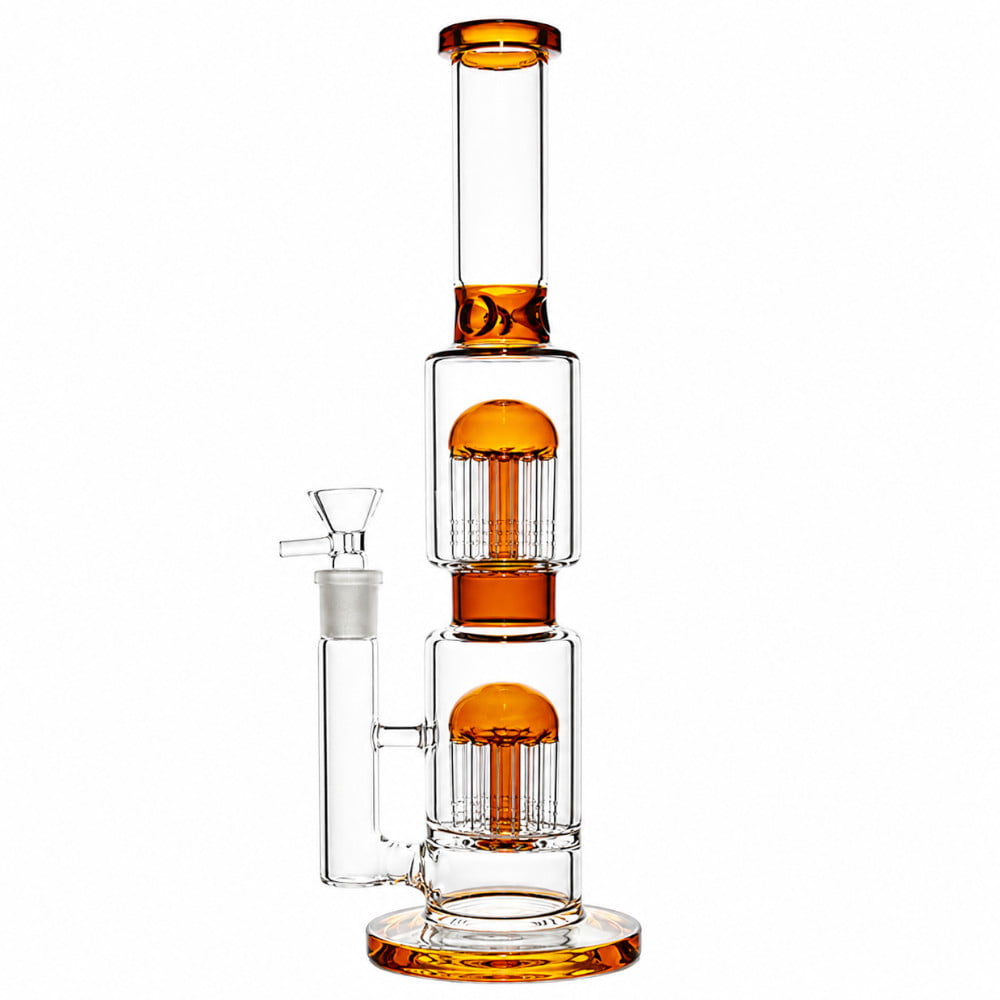 Fat Buddha Glass Bong Amber Double Tree 14in Bong