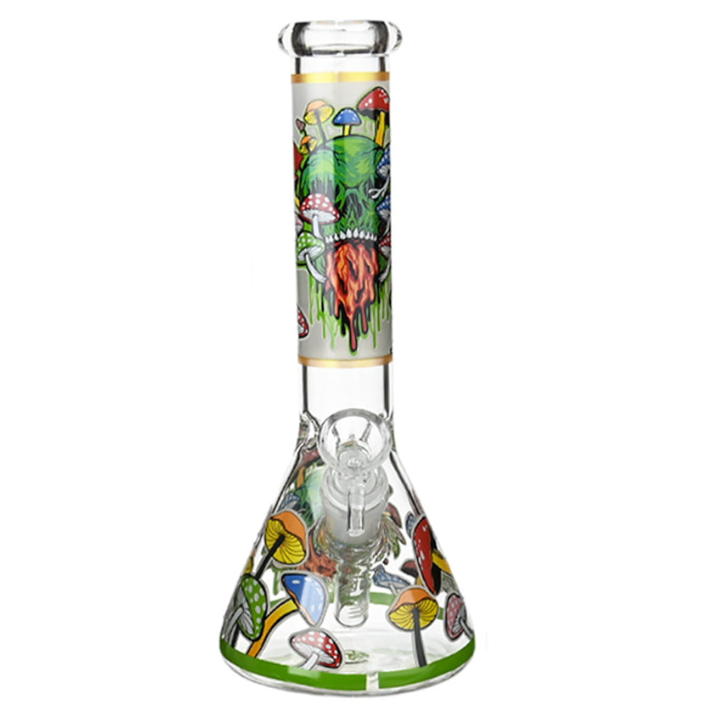 Fat Buddha Glass Bong Green Skull & Shrooms Beaker Bong