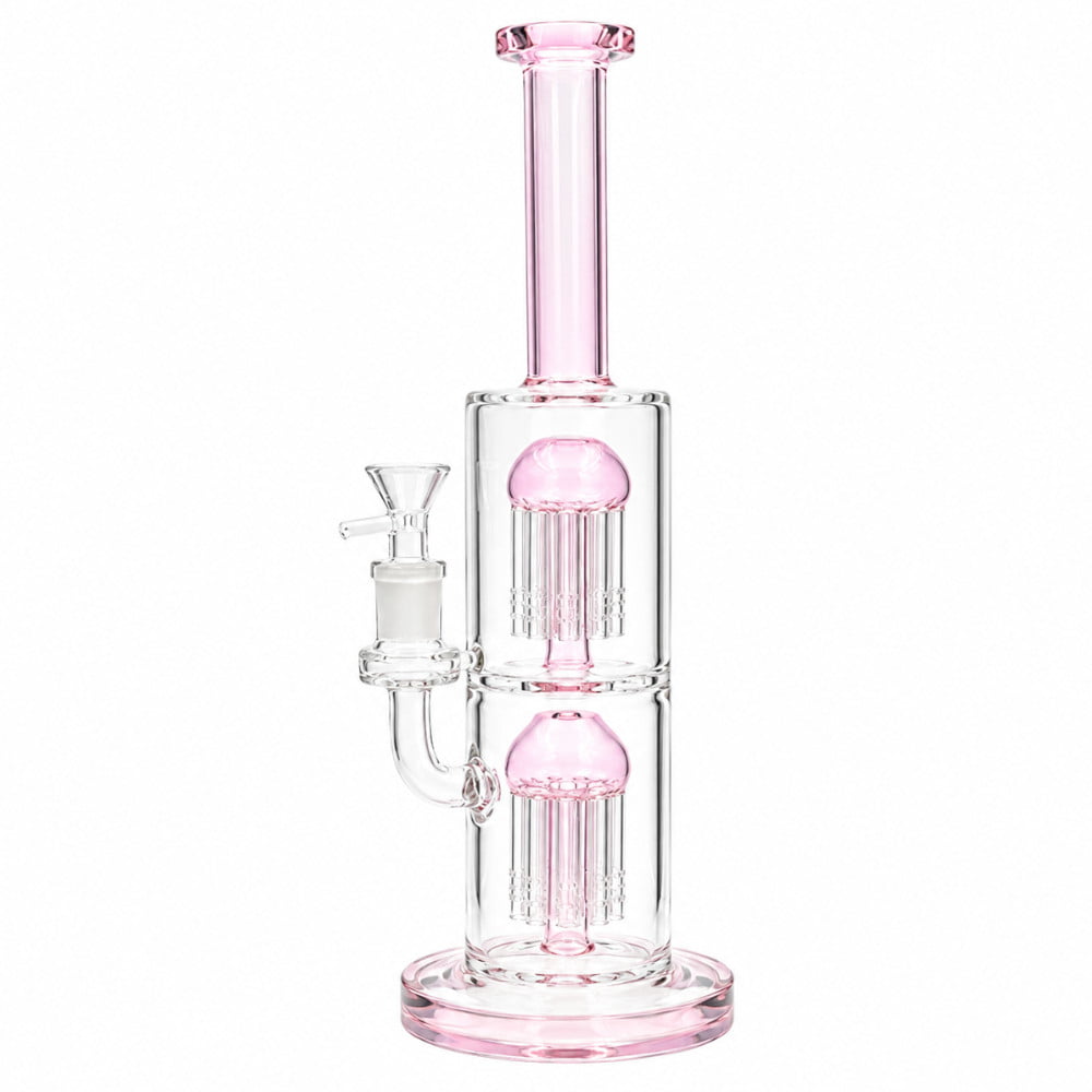Fat Buddha Glass Bong Pink Double Tree 12in Bong