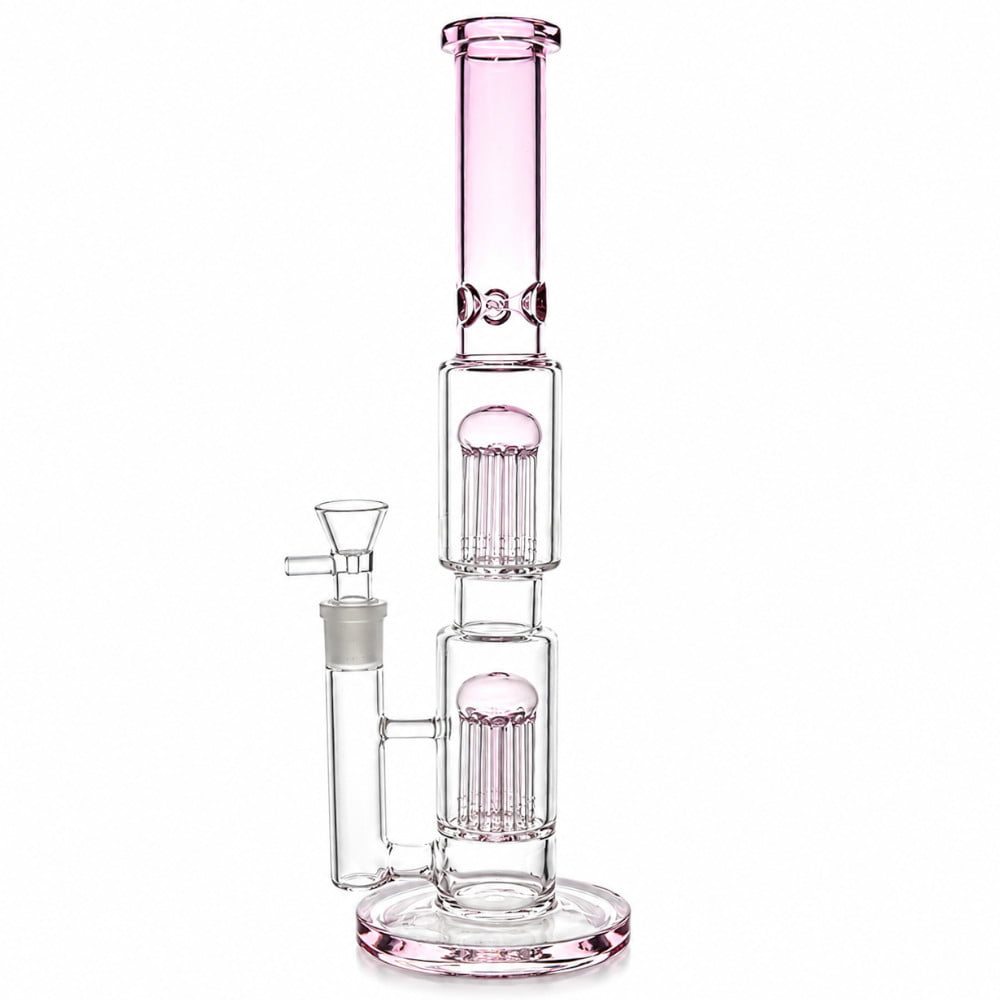 Fat Buddha Glass Bong Pink Double Tree 16in Bong