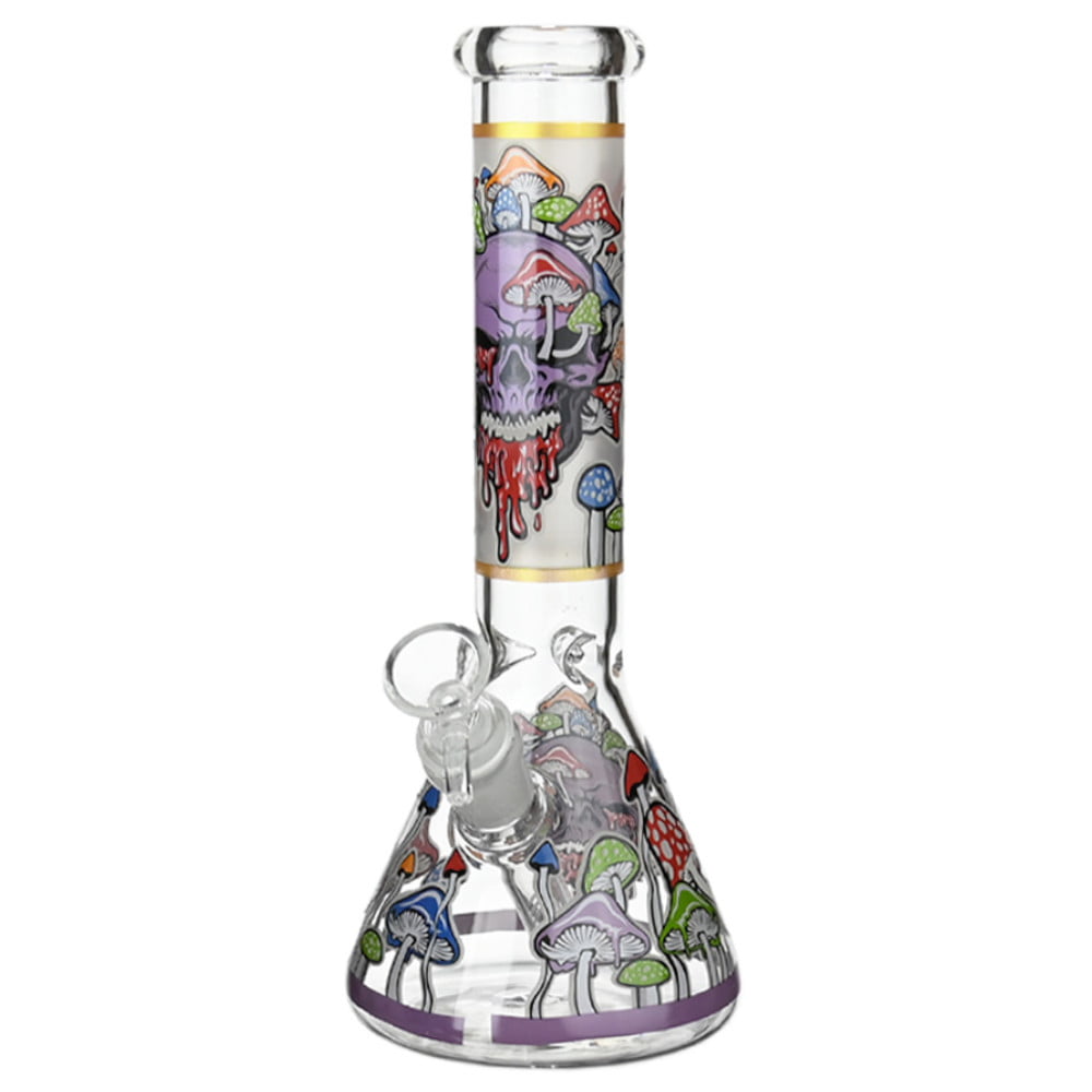 Fat Buddha Glass Bong Purple Skull & Shrooms Beaker Bong