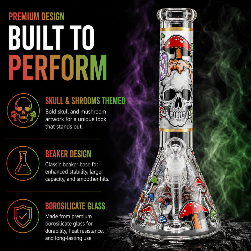 Fat Buddha Glass Bong Skull & Shrooms Beaker Bong
