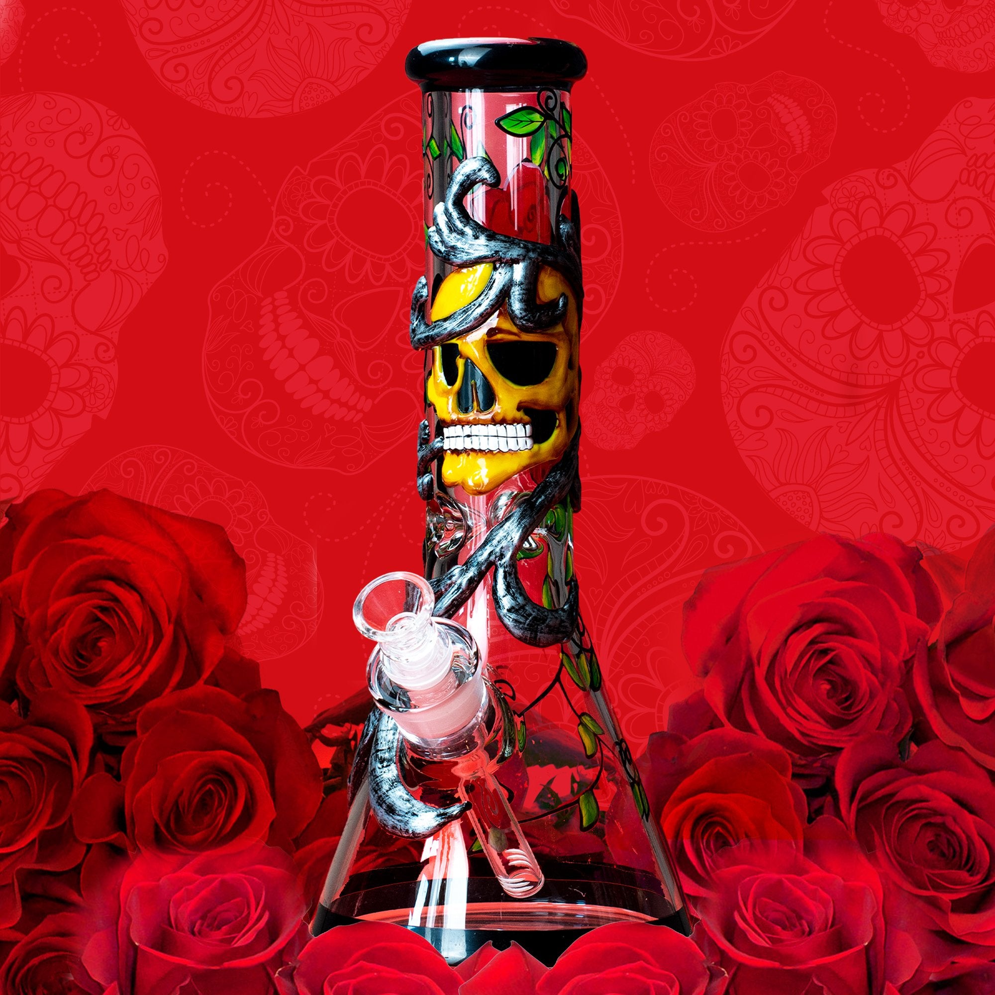 Skull and Roses Bong Fat Buddha Glass