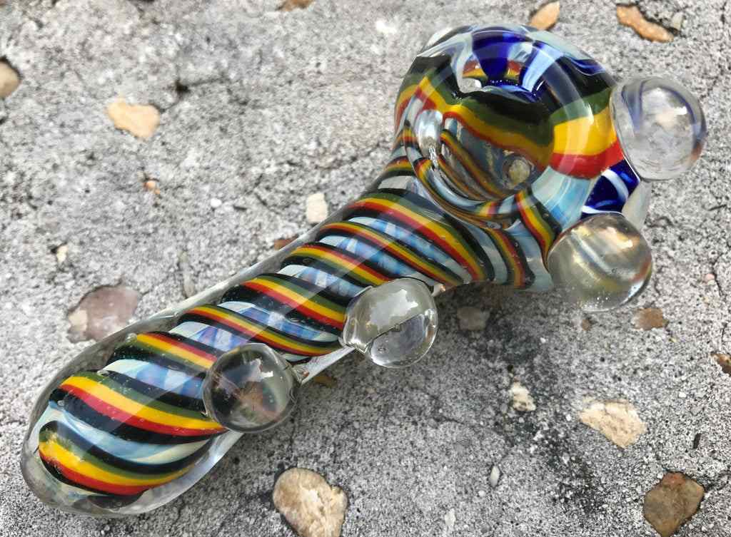 Fat Buddha Glass Pipe Collectible Tobacco Smoking Pipe Inside Out Rasta Beautiful Marbles Bowl 5