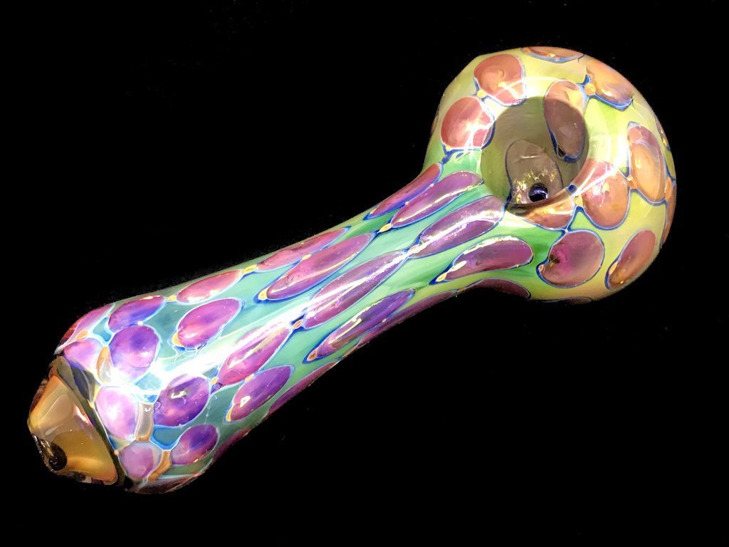 Gold Fumed Spiral Double Bowl Frit Glass Pipe - P2919