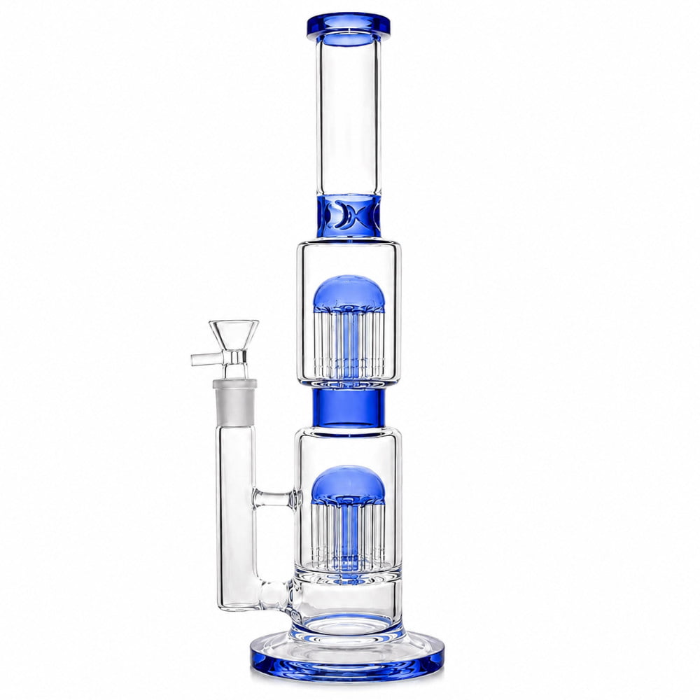 Fat Buddha Glass Bong Blue Double Tree 14in Bong