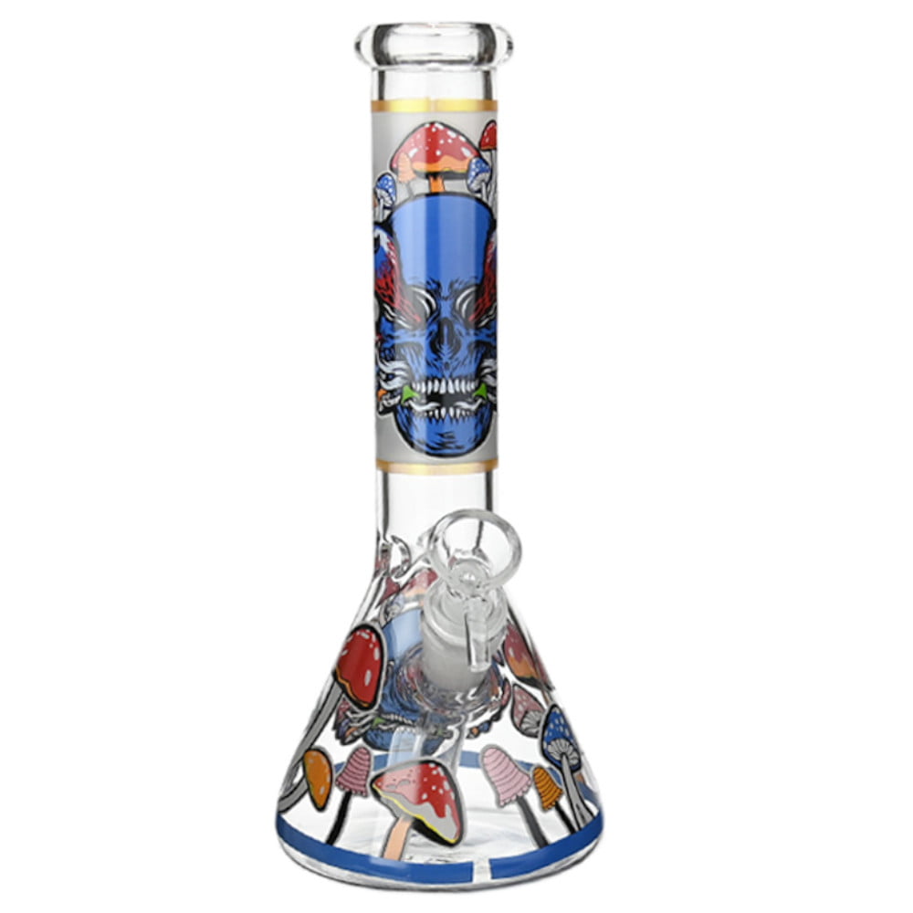 Fat Buddha Glass Bong Blue Skull & Shrooms Beaker Bong