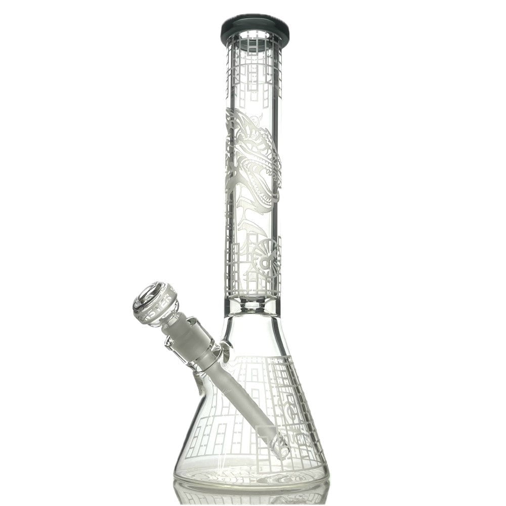 Fat Buddha Glass Bong Gray Etched Dragon Beaker Bong