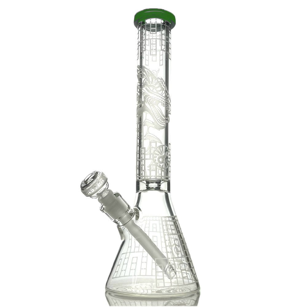 Fat Buddha Glass Bong Green Etched Dragon Beaker Bong