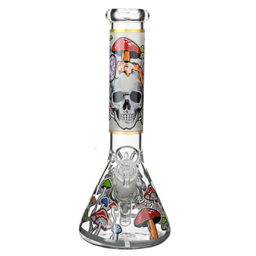 Fat Buddha Glass Bong White Skull & Shrooms Beaker Bong